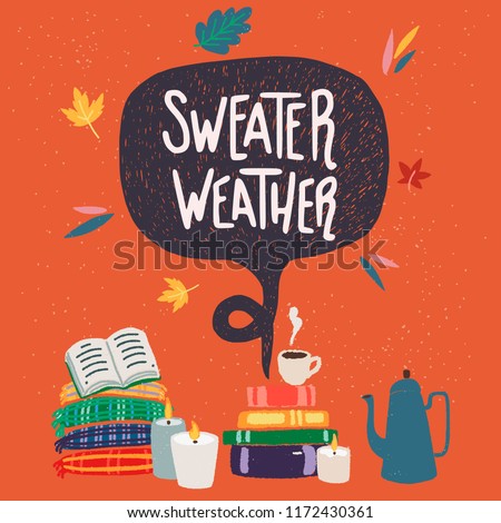 Warm and cozy "Sweater Weather" vector illustrations and hand lettering. Autumn essentials clipart.