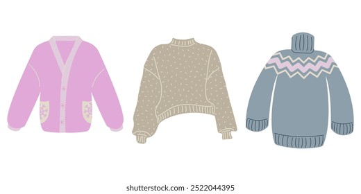 Warm cozy sweaters set. Cartoon cute wool jumper. Knitted tacky winter sweater pullover. December clothes vector isolated icon collection