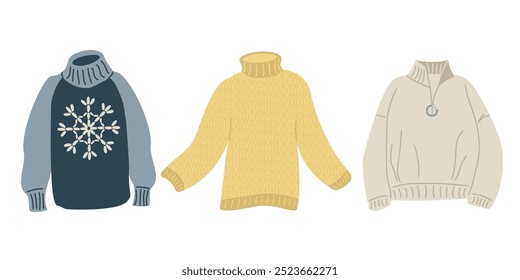 Warm cozy sweaters set. Cartoon cute wool jumper. Knitted tacky winter sweater pullover. December clothes vector isolated icon collection