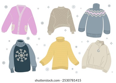 Warm cozy sweaters set. Cartoon cute wool jumper. Knitted tacky winter sweater pullover. December clothes vector isolated icon collection.