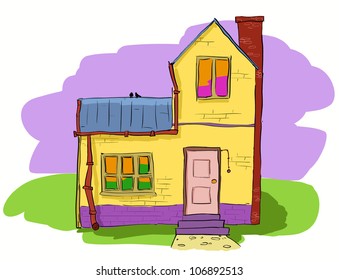 A warm and cozy two story village house. Vector hand dawn illustration.