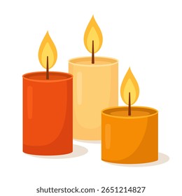 Warm and cozy vector illustration of burning candles in autumn colors orange, yellow, and red. Flat style design for seasonal decorations, hygge lifestyle, home decor, holiday and greeting cards.