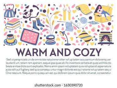 Warm and cozy, winter evening at home accessories vector. Girl in socks drinking tea on armchair, hot drink and indoor furniture, fireplace and cat. Coffee in mug, carpet and kettle, knitting tools