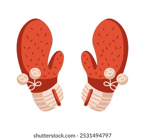 Cálidos y acogedores guantes rojos festivos de invierno con pompones objeto de Vector de color plano. Navidades estilo handwear de la ilustración tejida en blanco