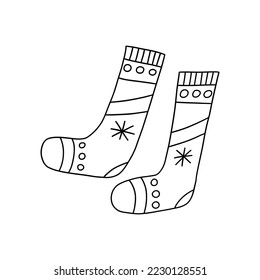Warm cozy winter socks with snowflakes. Comfortable clothes for cold weather. Winter season. Black and white isolated vector illustration hand drawn doodle. Card or icon, design element