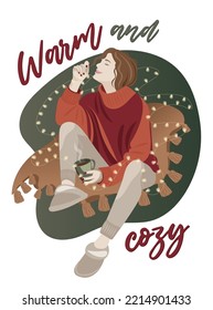 Warm and cozy woman's loungewear, knitted sweater. Young woman in christmas lights with cup of coffee on a boho blanket. Holiday Winter Hygge. Cute vector illustration for card.