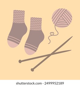 Warm cozy woolen Knitted socks, ball of yarn, knitting needles. Autumn mood. Home decor in Hygge style. Vector illustration in flat style.