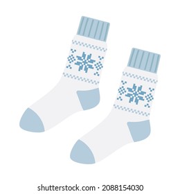 Warm cozy woolen socks with snowflakes winter pattern. Vector flat illustration isolated on white background