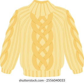 Warm and cozy yellow knitted sweater featuring a prominent cable knit design on the front and sleeves, along with a comfortable turtleneck, perfect for cold weather