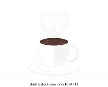 Eine warme Tasse Kaffee ruht auf einer Untertasse. Dampf steigt in Form eines Herzens auf. Der Hintergrund ist einfarbig und betont das Kaffeeerlebnis.