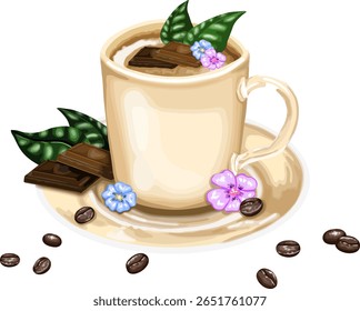 A warm cup of coffee served on a saucer, surrounded by coffee beans, chocolate pieces, and delicate flowers 