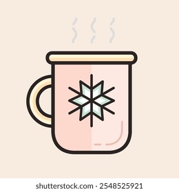 Warm cup of tea or coffee with steam, handle and snowflake draw filled vector icon. Hot cup to warm up the winter concept.