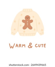 Warm Cute. A Christmas card with an illustration of a cute and cozy winter sweater. Kawaii Gingerbread