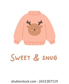 Warm Cute. A Christmas card with an illustration of a cute and cozy winter sweater. Kawaii Gingerbread