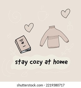 warm cute postcard about winter. book sweater
