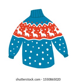 Warm cute vector sweater. Winter holidays clothes. sweatshirt with deer pattern isolated on white background. Christmas knitted jumper for design, concept, postcard