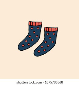 Warm dark blue polka dots knitted socks. Vector hand drawn doodle illustration