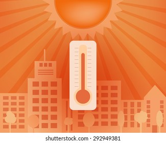 Warm day in the city with thermometer. Vector summer concept.