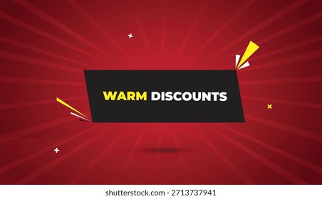 Descuentos cálidos Web Anuncio Arte vectorial Plantilla de diseño de la insignia de la insignia de la etiqueta moderno fondo de negocios negro gris Formas blanco amarillo negrita texto luz roja oscura sol brillo abstracto promoción venta visual marketing