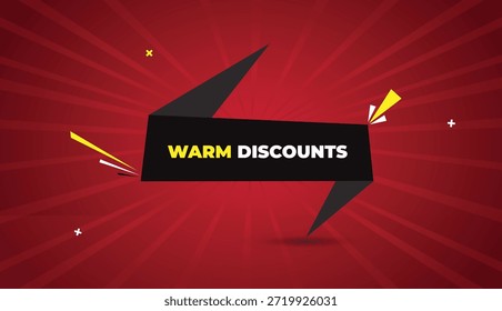 Warm Discounts web banner vector art template with modern badge icon label style black gray shapes yellow white bold text dark red light sun shine abstract business background perfect for sales promotion marketing offers branding visuals