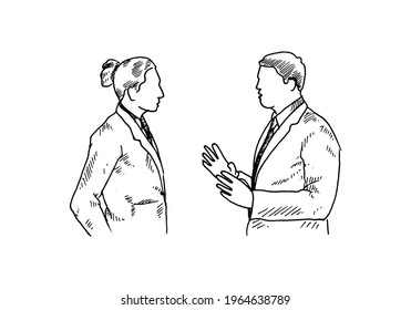 Warm discussion between the two businessmen by simulating a business plan. vector draw graphic design illustration sketch
