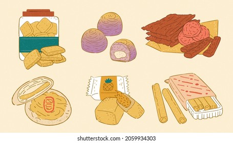 Warm doodle illustrations of Taiwanese famous pastries, including square cookies, taro pastry, dried meat crisp, suncake, pineapple cake and waffle egg rolls