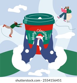 Warm drink for cold weather. Hands in mittens hold a cup with a hot drink, coffee and cacao. Cozy winter concept. Vector flat cartoon Christmas illustration