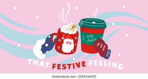 Warm drink for cold weather. Hands in mittens hold a cup with a hot drink, coffee and cacao. Cozy winter concept. Vector flat cartoon Christmas illustration