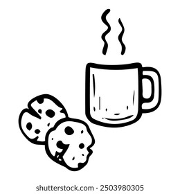 Warm drink with oatmeal cookies hand drawn doodle. Snack before bed. Time to sleep. Ceramic mug. Biscuit with chocolate chips. Vector outline line art illustration.