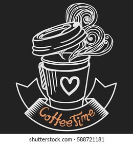 Warm drink. Paper cup of coffee with decorative ribbon. Vector illustration