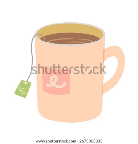 A warm drink in a pink mug. An illustration of brewing herbal tea with a tea bag. A relaxing break time.