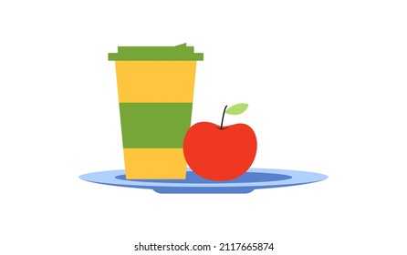 A warm drink and a red apple. Snack kit, food