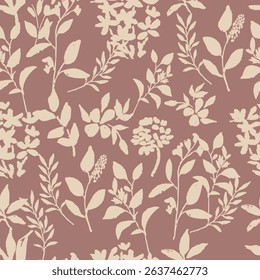 Warm dusty rose botanical pattern with cream florals Vector repeat pattern
