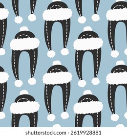 Warm Ear Flap Hat with fur, buboes and stitch Seamless Pattern Black and White on Blue Background