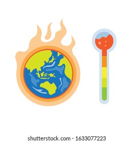 warm earth, global warming effect on earth planet with temperature thermometer flat style illustration vector