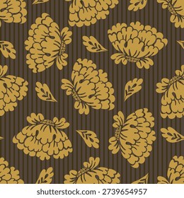 Warm earth tone tossed damask style seamless floral pattern background. Beautiful hand drawn floral motifs on striped backdrop. Elegant and rustic botanical repeat for fall and winter themed projects