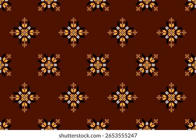 Padrão quente, terroso e sem emenda, motivos étnicos pixelizados em terracota, amarelo dourado e preto em um fundo marrom rico. Ideal para têxteis inspirados em tribais, decoração caseira rústica, moda única, tecido 
