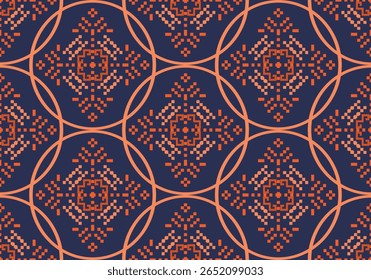 Warm earthy tones dominate this textile pattern, showcasing orange and beige pixel motifs on a rich deep blue base. Diamond-shaped forms repeat within a soft orange circular framework.