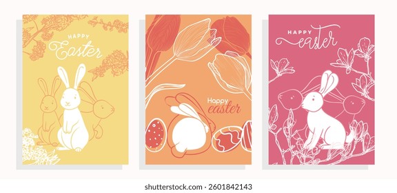 Warm Easter A4 designs with bunnies, hand drawn line art tulips and cherry blossoms. Set of saturated illustrations for social media, web and print projects. 