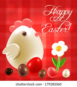 Warm Easter greetings postcard with traditional eggs, chicken and flowers over checkered background