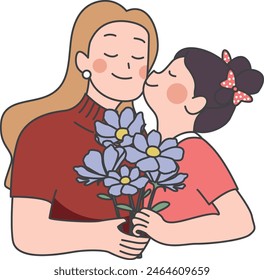 Warm Embrace: Cartoon Vector of Mom Holding Her Young Daughter