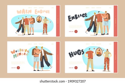Warm Embrace, Hugs with Friends Landing Page Template Set. Friendly Characters Hugging Each Other. International Friendship Day Celebration, Peace, Sweet Memories. Cartoon People Vector Illustration