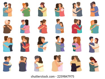 Warm embrace icons set cartoon vector. Couple hug. Family happy