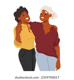 Warm Embrace Transcending Generations, Young And Old Women Hug, Exude Care And Understanding, Mother and Adult Daughter Bridging Time Through Heartfelt Connection. Cartoon People Vector Illustration