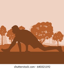Warm up exercise man in park vector background landscape with trees