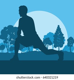 Warm up exercise man in park vector background landscape with trees