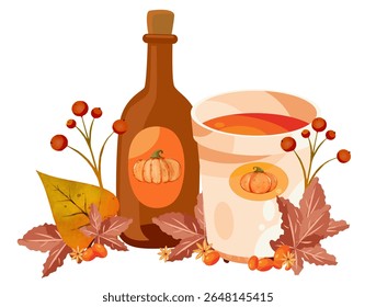 Warm fall-themed vector featuring a bottle and mug with pumpkin designs, surrounded by orange berries, leaves, and seasonal fruits. Perfect for autumn promotions, cozy graphics, and festive decor.
