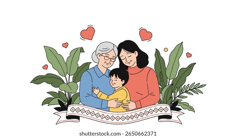 A warm family portrait showing three generations embracing each other with love and affection surrounded by lush greenery