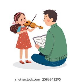 A warm family scene: a girl plays the violin in front of her father, who watches the notes. Children's musical creativity. Vector illustration