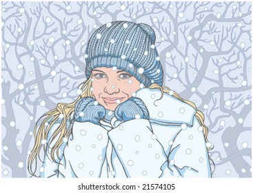 Warm feelings of the girl on a frost at one winter day